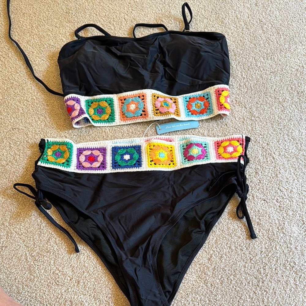 Black Crochet Trim Bikini Set